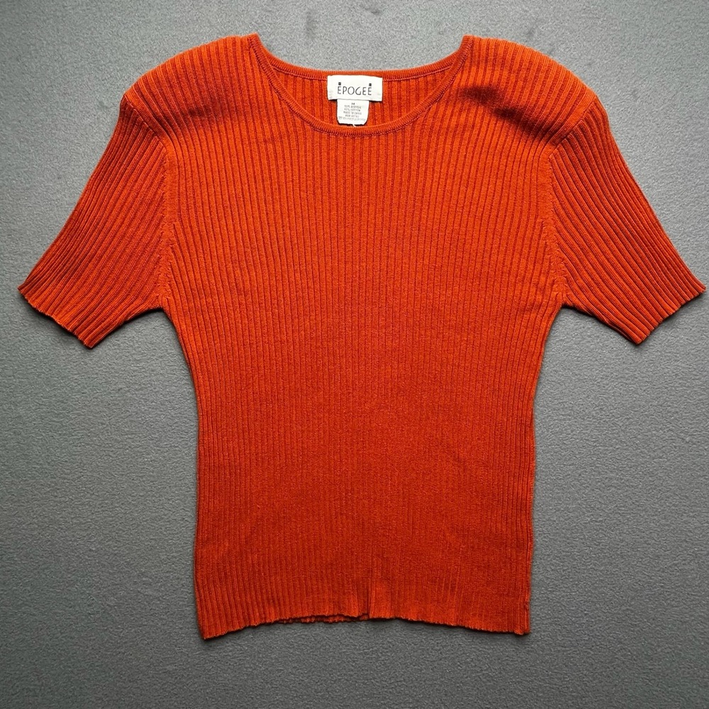 VTG Épogée Women Ribbed Knit Sweater Orange M‎ Short Sleeve 90s Sears Top retro